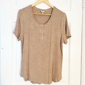 A New Day Tan Knit Short Sleeve Top Shell Buttons Size X-Large Ribbed Henley Top